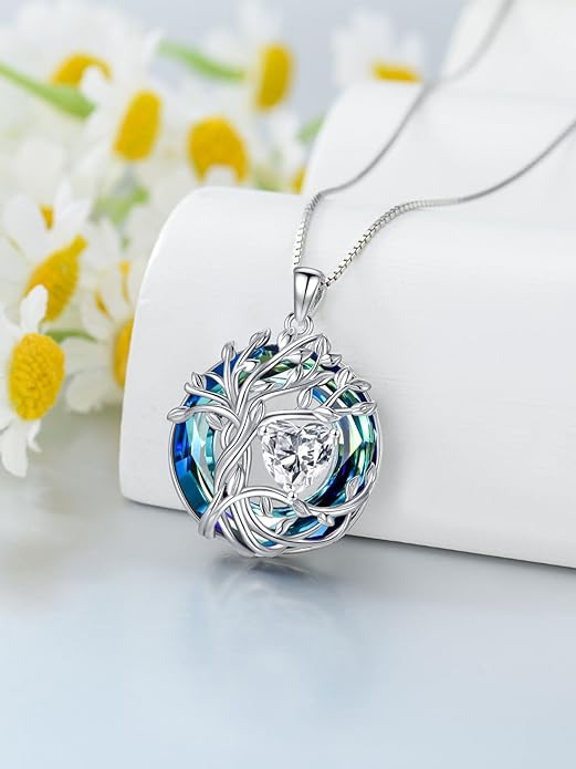 TOUPOP Christmas Gifts Tree of Life Birthstone Necklace 925 Sterling Silver Pendant Austrian Crystal Jewelry Anniversary Birthday Gifts for Women Mom Her Wife