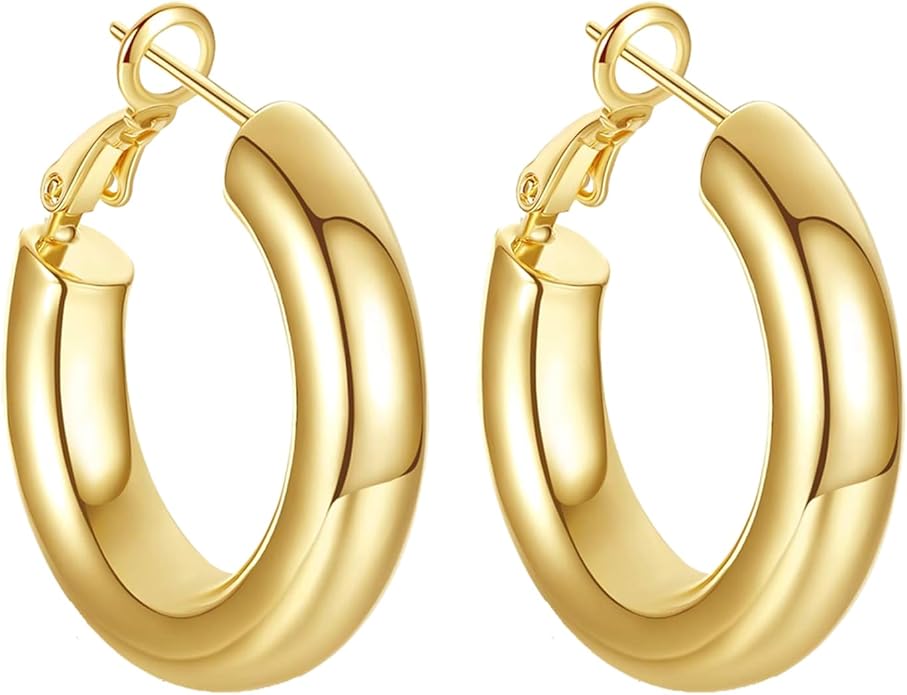 8YEARS Chunky Gold Hoop Earring for Women, 18K Gold Plated Lightweight Thick Hoops, Hypoallergenic Trendy Jewelry for Gift