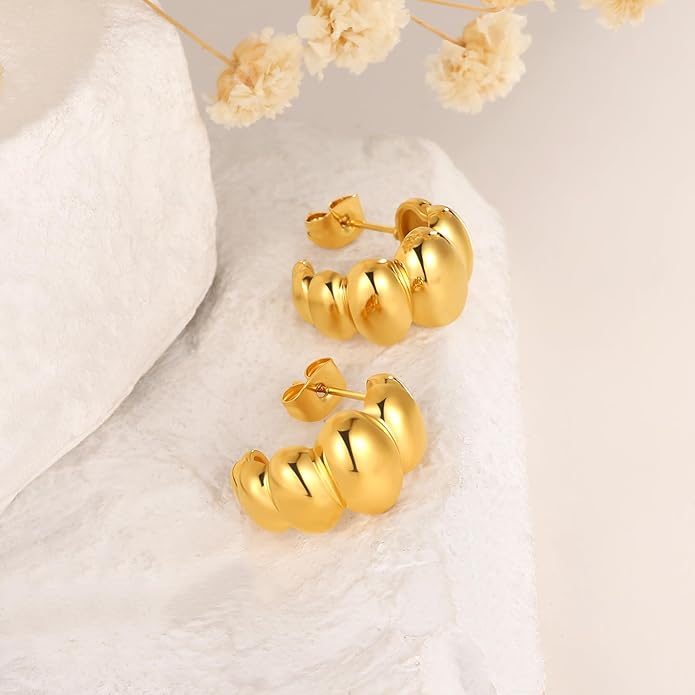 8YEARS Chunky Gold Hoop Earring for Women, 18K Gold Plated Lightweight Thick Hoops, Hypoallergenic Trendy Jewelry for Gift