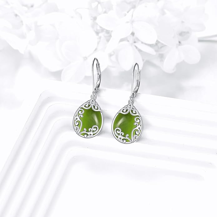 Filigree Earrings Sterling Silver Teardrop Moonstone Moss Agate Lapis Lazuli Larimar Emerald Peridot Opal Dangle Dangly Drop Leverback Earrings Boho Jewelry Gifts for Women