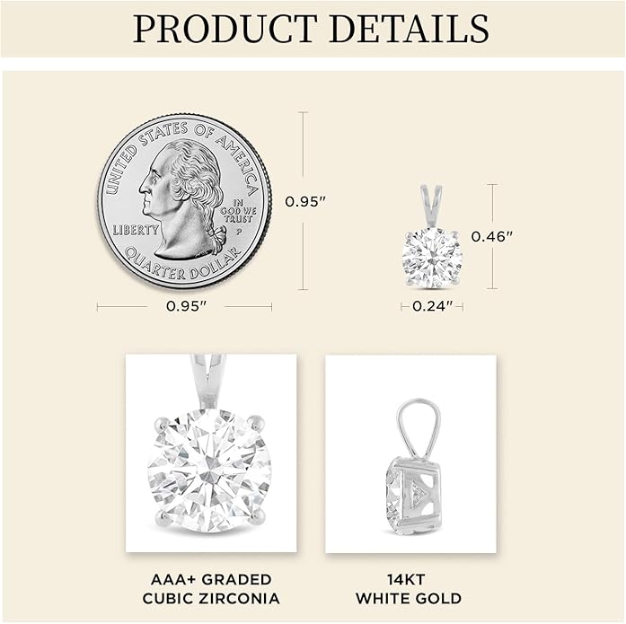Everyday Elegance Solid 14K Gold Cubic Zirconia Solitaire Pendant Necklace for Women Heart, Princess, Round, Oval, Emerald, Pear & Cushion Cut 1 or 2 CTW | .60mm Thick 16" 18" Length Box Link Chain