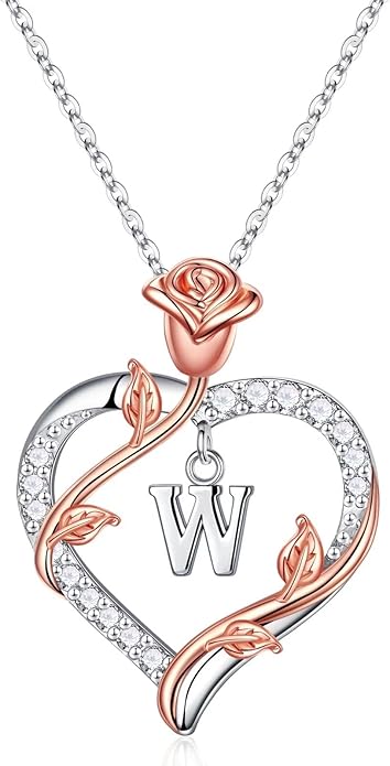 Rose Heart Initial Necklace Gifts for Women Girls, Letter Pendant Necklaces for Women Jewelry Anniversary Birthday Gifts for Her Wife Girlfriend Teen Girls