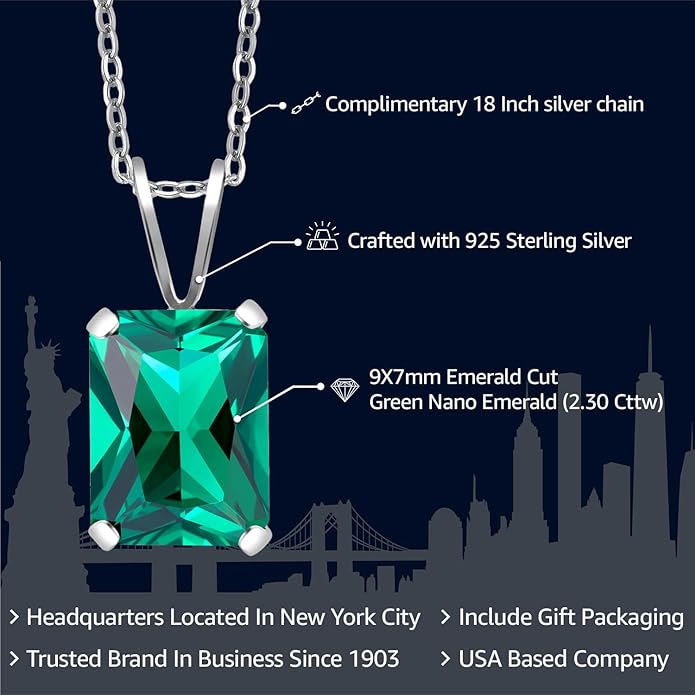 Gem Stone King Emerald Cut Pendant Necklace For Women | 925 Sterling Silver | Emerald Cut 9X7MM | Gemstone Birthstone | Fine Jewelry for Her Mom Wife | With 18 Inch Silver Chain