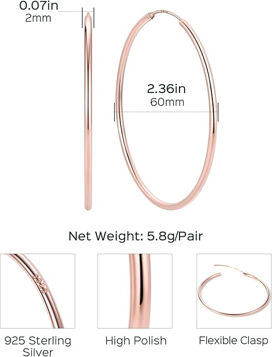 ChicSilver Hypoallergenic 925 Sterling Silver Hoop Earrings for Women, Lightweight Large Gold Plated Hoop Earrings, Endless Hoops Earring 20/30/40/50/60/70MM