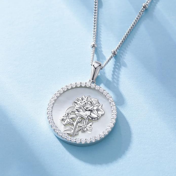AGVANA Valentines Day Gifts Sterling Silver Birth Flower Necklace for Women Genuine Mother of Pearl CZ Round Disc Pendant Necklace Fine Jewelry Anniversary Birthday Gifts for Women Wife Mom Her