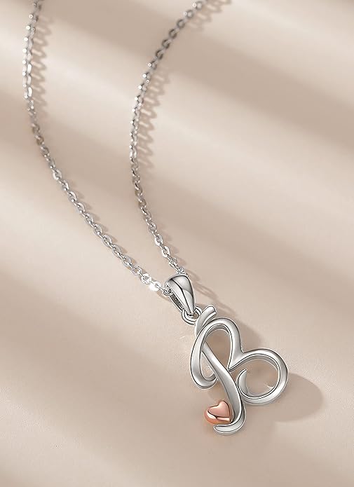 CELESTIA 925 Sterling Silver Initial Necklaces 26 Letter with Rose Gold Heart - 18 Inch Chain