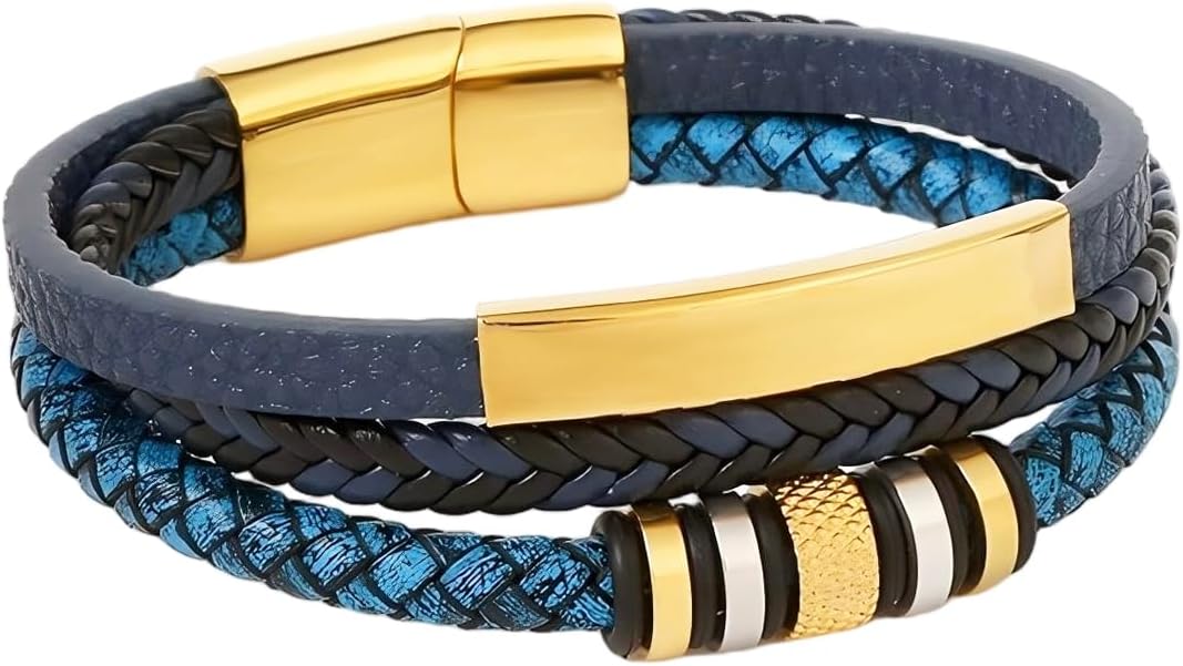 Italian Handmade Genuine Leather Bracelets for Men Stainless Steel Clip, Men's Casual Genuine Multi-layer Cuff Bracelet, Bracelet Gift for Real Men