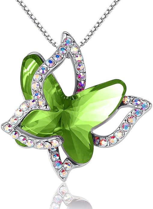 Gift Butterfly Birthstone Crystal Necklace, Silver Tone with 18”+2” Chain, Necklace for Mother’s Day Anniversary Birthday Gifts for Women and Daughter