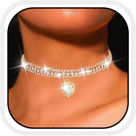 CLOACE Rhinestone Choker Necklace Heart Pendant Diamond Row Necklaces Sparkly Crystal Prom Chain Jewerly Accessories for Women
