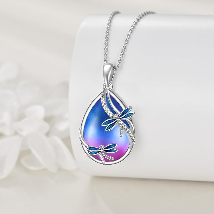 KQF Dragonfly/Butterlfy/Cat/Jellyfish/Bunny/Axolotl/Bee/Mermaid/Hummingbird/Elephant Necklace for Women Sterling Silver Moonstone Pendant Necklace Dragonfly Jewelry Gifts for Women