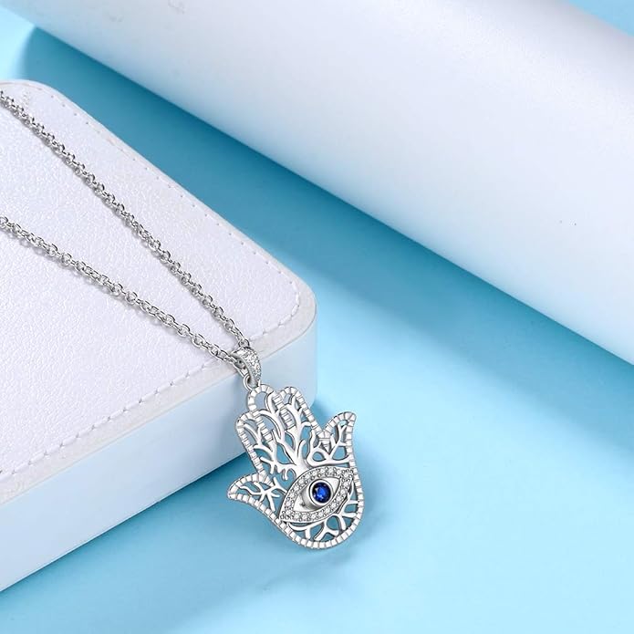 Evil Eye Necklace Evil Eye Hamsa Hand of Fatima Necklace 925 Sterling Silver Fine Jewelry Gifts for Womens White Blue CZ Third Eye Stud Earrings Turkish Eye Ring Hamsa Hand Jewelry Set Gifts Valentine Day Chrismtas Gifts