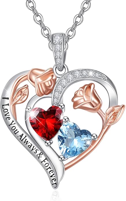 Zeuslia Double Birthstone Necklace Gifts for Wife - 925 Sterling Silver Sunflower/Rose/Crown Cross/Compass/Heart Pendant I Love You Necklace, Anniversary Birthday Gifts for Wife Girlfriend Mom Her
