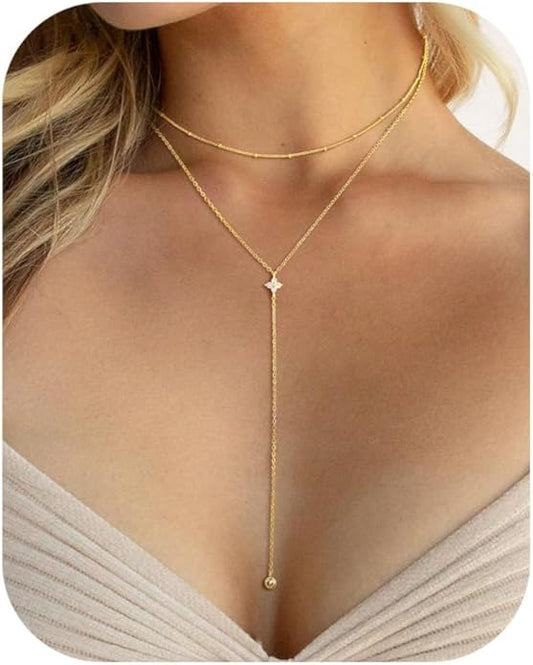 M MOOHAM Gold Lariat Necklace for Women - Dainty 14K Gold Plated Y-Shaped Long Drop Necklace Pearl Cross Clover Butterfly Cubic Zirconia Charm Layered Necklaces for Women Simple Jewelry Gifts