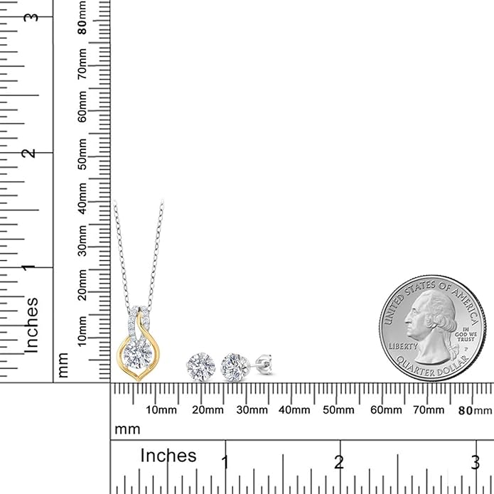 Gem Stone King 925 Silver and 10K Yellow Gold Lab Grown Diamond Pendant Earrings Jewelry Set For Women | 2.33 Cttw | Gemstone April Birthstone | Round 6MM | with 18 Inch Chain