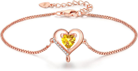 LAVUMO Love Heart Bracelets for Women 925 Silver Charm Birthstone Bracelet Adjustable Anniversary Birthday Jewelry Gifts for Women Girlfriend Wife Daughter Mom Her