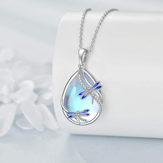 KQF Dragonfly/Butterlfy/Cat/Jellyfish/Bunny/Axolotl/Bee/Mermaid/Hummingbird/Elephant Necklace for Women Sterling Silver Moonstone Pendant Necklace Dragonfly Jewelry Gifts for Women