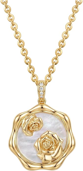 MEVECCO Birth Flower Necklace For Women 18k Gold Plated Mother Of Pearl Disc Floral Pendant Necklace Dainty 12 Birth Month Flower Handmade Personalized Jewelry Anniversary Christmas Birthday Gifts