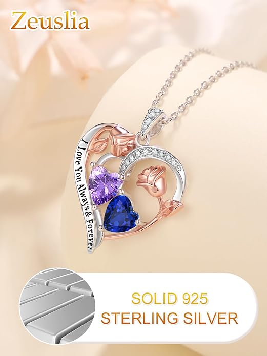 Zeuslia Double Birthstone Necklace Gifts for Wife - 925 Sterling Silver Sunflower/Rose/Crown Cross/Compass/Heart Pendant I Love You Necklace, Anniversary Birthday Gifts for Wife Girlfriend Mom Her