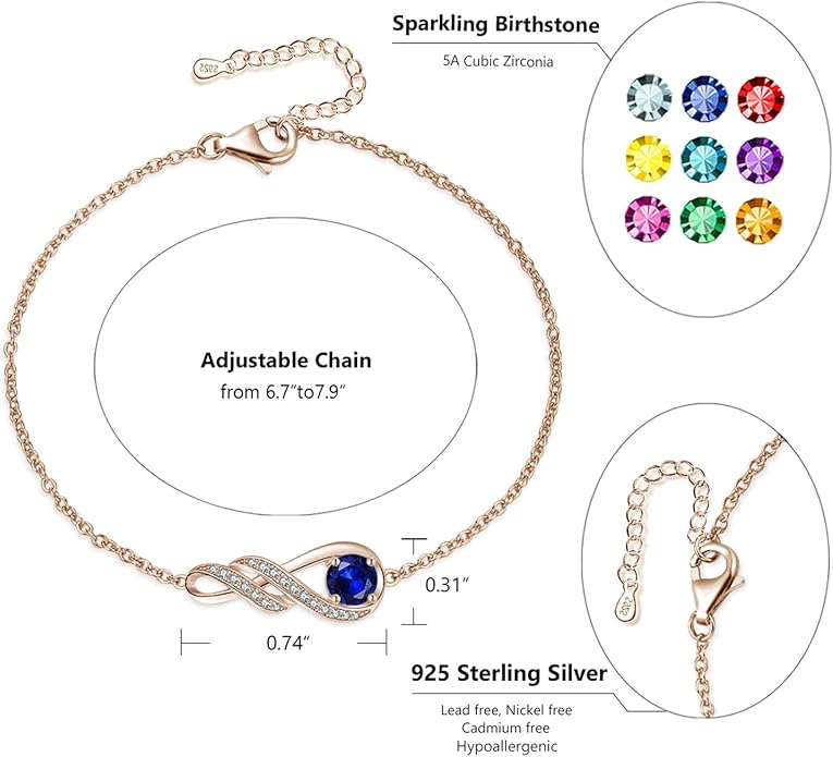 Birthstone Bracelets for Women 925 Sterling Silver Created Gemstone Bracelet Infinity Pendant Jewelry for Her, 6.7"+1.2"