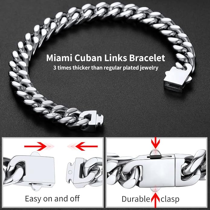 ChainsHouse Stainless Steel Cuban Link Bracelet for Men, 5mm/7mm/9mm/12mm Width, 7.5"/8.3"/9" Length, Black/18K Gold Plated Chain Wrist Bracelets for Men, with Gift Box