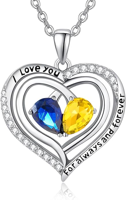 Zeuslia Double Birthstone Necklace Gifts for Wife - 925 Sterling Silver Sunflower/Rose/Crown Cross/Compass/Heart Pendant I Love You Necklace, Anniversary Birthday Gifts for Wife Girlfriend Mom Her