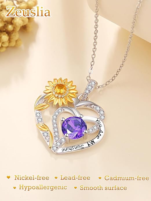 Zeuslia Double Birthstone Necklace Gifts for Wife - 925 Sterling Silver Sunflower/Rose/Crown Cross/Compass/Heart Pendant I Love You Necklace, Anniversary Birthday Gifts for Wife Girlfriend Mom Her