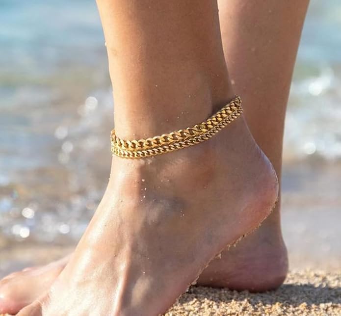 Ankle Bracelets For Women Waterproof Adjustable Ankles 18KGold Plated Dainty Trendy Layered Cuban Link Chain Anklets Set Beach Jewelry