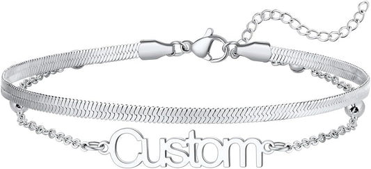 U7 Custom Layered Ankle Bracelets for Women Stainless Steel Bead/Cuban/Figaro/Rope/Wheat Chain Anklet Waterproof Anklet Jewelry for Beach Vacation