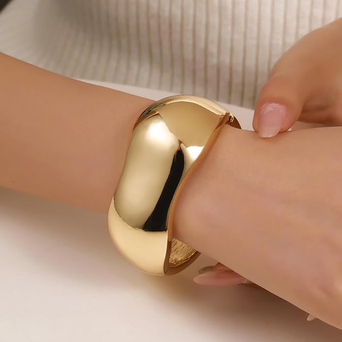 jokcde Chunky Gold/Silver Gold Cuff Bangle Bracelets for Women Trendy Hinged Cuff Open Wide Chunky Gold Bracelet Minimalist Bangle Jewelry Gift