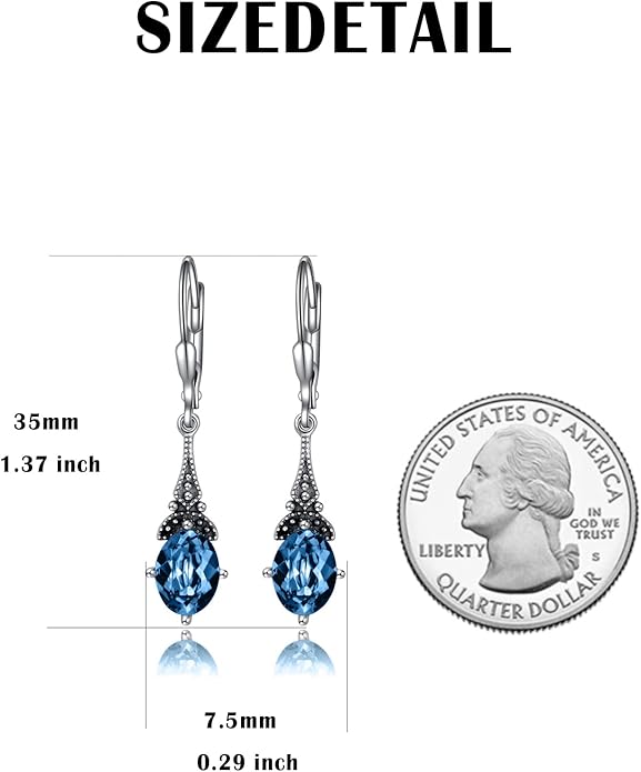 AOBOCO Vintage Earrings for Women Sterling Silver Retro Drop Dangle Leverback Earrings with 8x6mm Oval Genuine or Simulated Birthstone Crystal from Austria, Anniversary Jewelry Gifts for Her Women