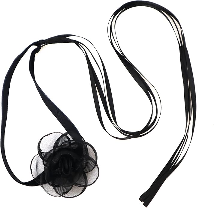 Black Choker Camellia Flower Lace-up Necklace For Women