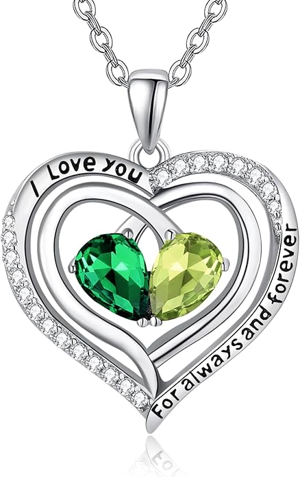 Zeuslia Double Birthstone Necklace Gifts for Wife - 925 Sterling Silver Sunflower/Rose/Crown Cross/Compass/Heart Pendant I Love You Necklace, Anniversary Birthday Gifts for Wife Girlfriend Mom Her