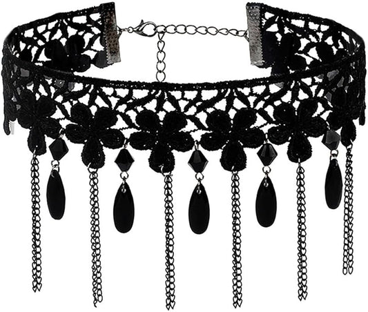 Gothic Black Choker Necklace Lace Collar Necklace Black Crystal Pendant Necklace Halloween Necklaces for Women