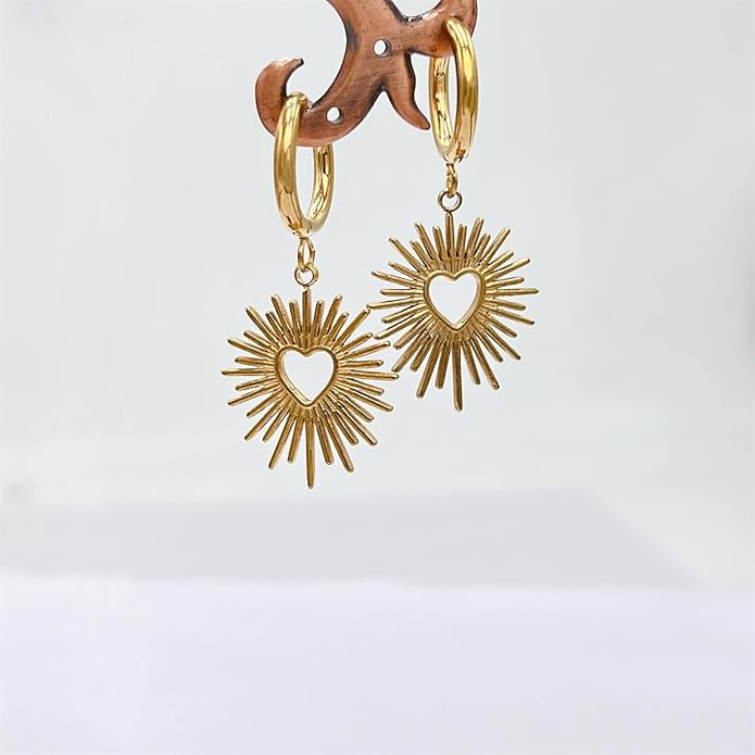 Sunburst Heart Dangle Hoop Earrings, 18K Gold Plated hypoallergenic Stainless Steel Cute Jewelry for Women daily Wear
