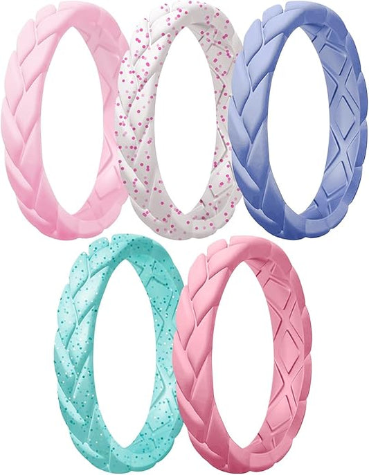 Egnaro Women's Silicone Stackable Rings 3.5mm Wide 2mm Thick, Rubber Flexible Hypoallergenic Wedding Bands For Workout Leaf Braided Fashion