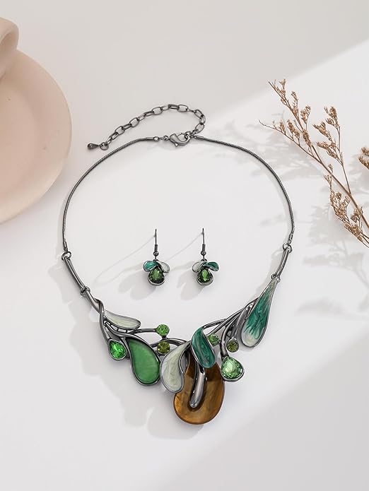 Chunky Statement Jewelry Set Vintage Retro Leaf Flower Floral Geometric Bohemian Boho Bib Necklace Earring Set Fashion Costume Jewelry for Women Girls Wedding Party Prom Unique Gift