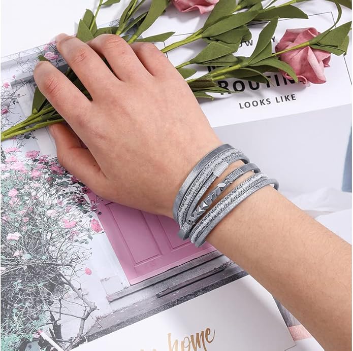 Fesciory Leather Wrap Bracelets for Women, Boho Leopard Multi-Layer Crystal Beads Cuff Bracelet Jewelry