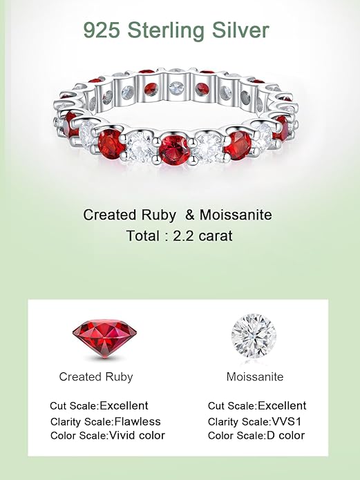 D Color VVS1 Clarity Moissanite and Sapphire/Ruby/Emerald Rings for Women, Solid 925 Sterling Silver, Anniversary Birthday Mothers Day Jewelry Gift, Stackable Wedding Ring, Size 4-11