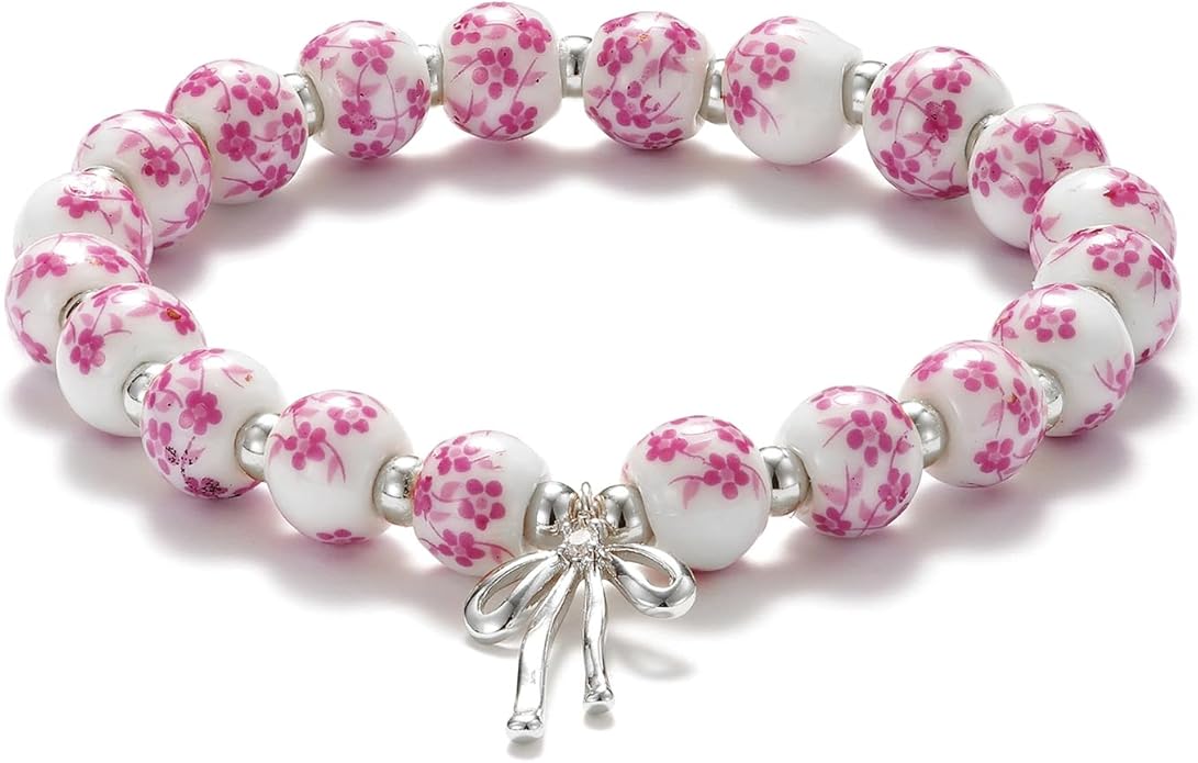 Beads Bow Charm Bracelet for Women Flower Vintage Bracelet Handmade Stretch Beaded Dainty Romantic Jewelry Gifts