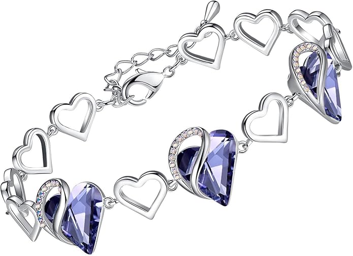 Leafael Infinity Love Heart Link Bracelets, Birthstone or Healing Stone Crystal Bracelet for Women, Silver Tone Jewelry Gifts for Her, 7-inch Chain and 2-inch Extender