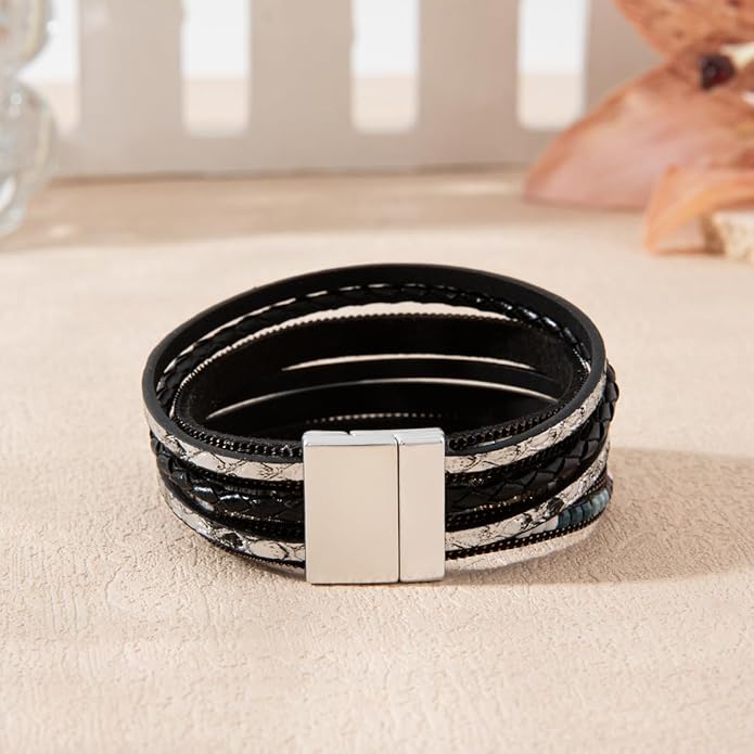 Rantanto Braid Leather Wrap Bracelet Trendy Stackable Crystal Cuff Boho Gold Heart Bracelet Jewelry Gift For Women