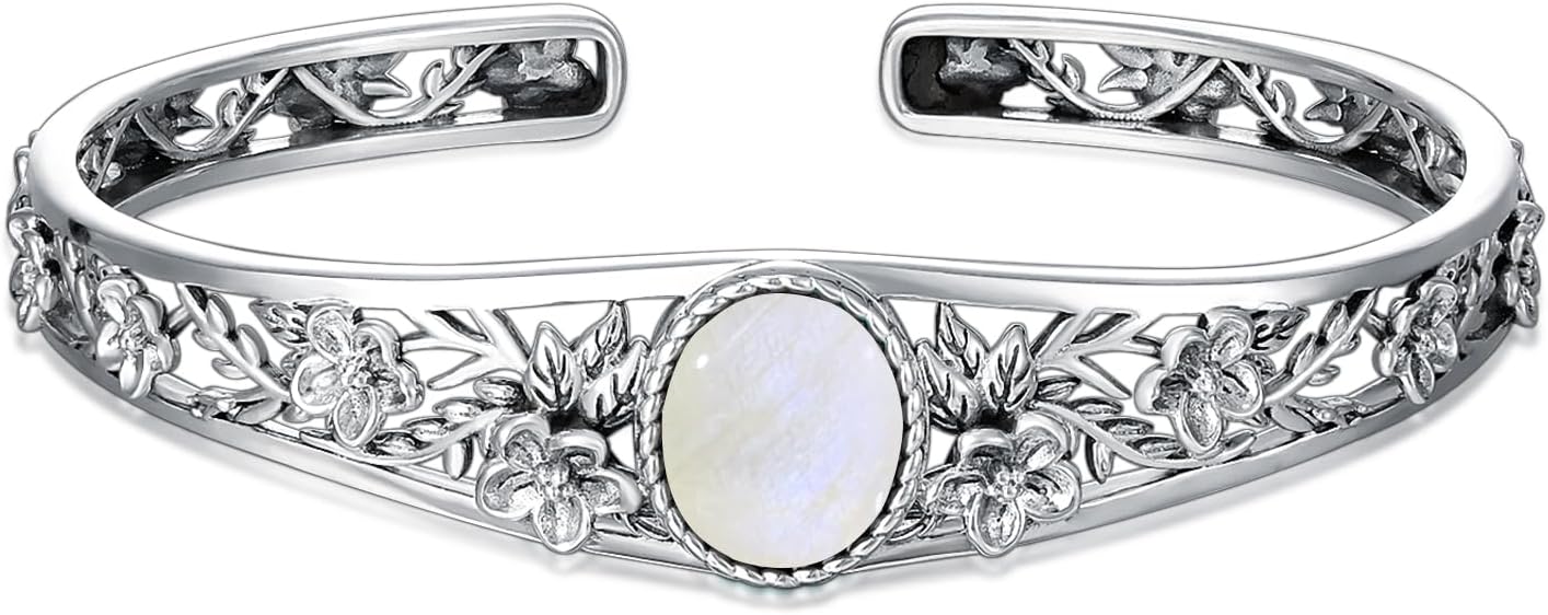 Genuine Turquoise Vintage Flower Bracelet Bangle, Sterling Silver Boho Adjustable Bangle Cuff Native American Jewelry for Women, Fit for 6.5 7 7.5 Inches