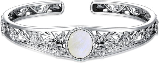 Genuine Turquoise Vintage Flower Bracelet Bangle, Sterling Silver Boho Adjustable Bangle Cuff Native American Jewelry for Women, Fit for 6.5 7 7.5 Inches