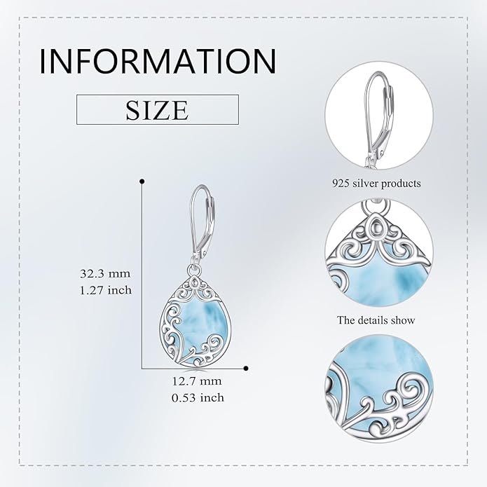 Filigree Earrings Sterling Silver Teardrop Moonstone Moss Agate Lapis Lazuli Larimar Emerald Peridot Opal Dangle Dangly Drop Leverback Earrings Boho Jewelry Gifts for Women