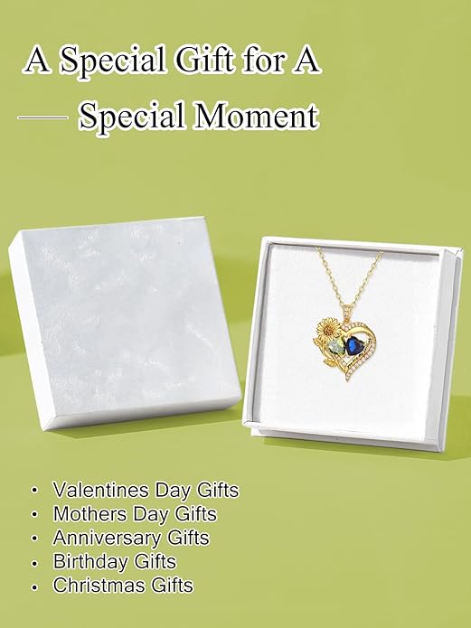 Sunflower Heart Necklace for Women 14K Gold Exquisite Anniversary Birthday Gifts for Wife Mother Her Double Birthstone Pendant jewelry‘You Are My Sunshine’