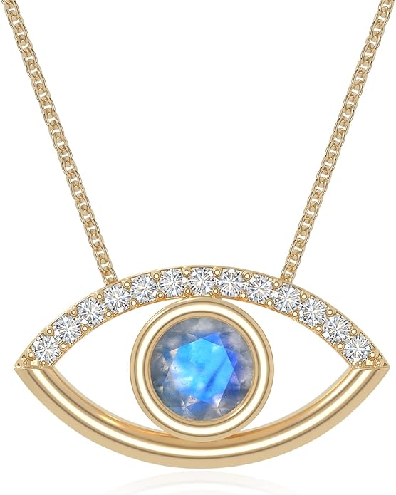 Natural Gemstone with Moissanite Evil Eye Pendant Necklaces for Women in Silver/18K Yellow/Rose Gold Vermeil,Birthstone Jewelry Gifts for Her Birthday,Anniversary, Graduation