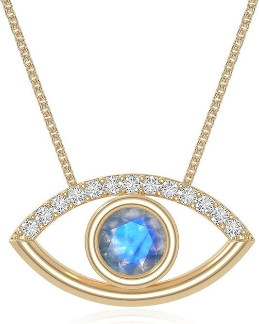 Natural Gemstone with Moissanite Evil Eye Pendant Necklaces for Women in Silver/18K Yellow/Rose Gold Vermeil,Birthstone Jewelry Gifts for Her Birthday,Anniversary, Graduation