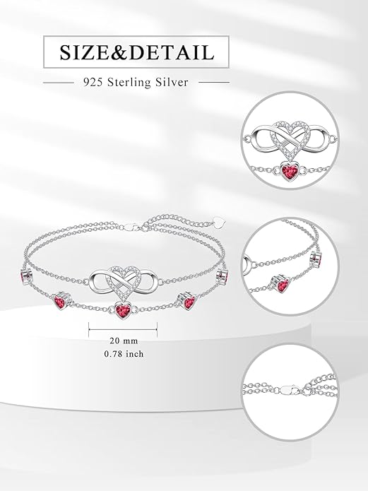 Dorunmo 925 Sterling Silver Infinity Heart Birthstone Anklet Bracelets for Women Best Mother's Day Birthday Jewelry for Wife Girlfriend Mom Her