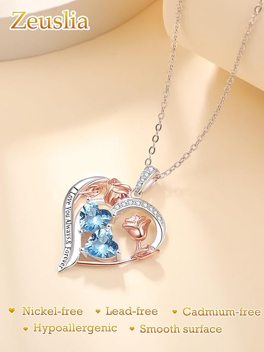 Zeuslia Double Birthstone Necklace Gifts for Wife - 925 Sterling Silver Sunflower/Rose/Crown Cross/Compass/Heart Pendant I Love You Necklace, Anniversary Birthday Gifts for Wife Girlfriend Mom Her