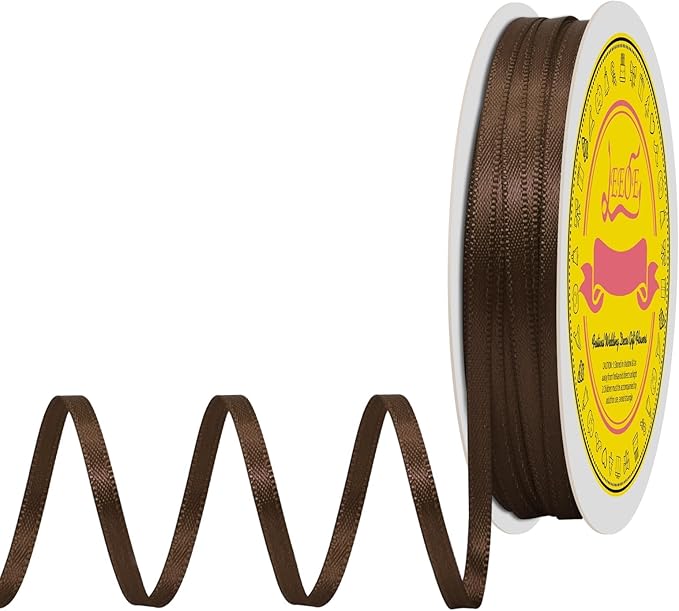 LEEQE Double Face Brown Satin Thin Ribbon 1/8 inch X 50 Yards Polyester Brown Ribbon for Gift Wrapping Very Suitable for Weddings Party Hair Bow Invitation Decorations and More